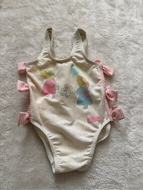 Vintage Absorba France Baby Swimsuit Polka Dot Bow Tie One Piece 3-6M